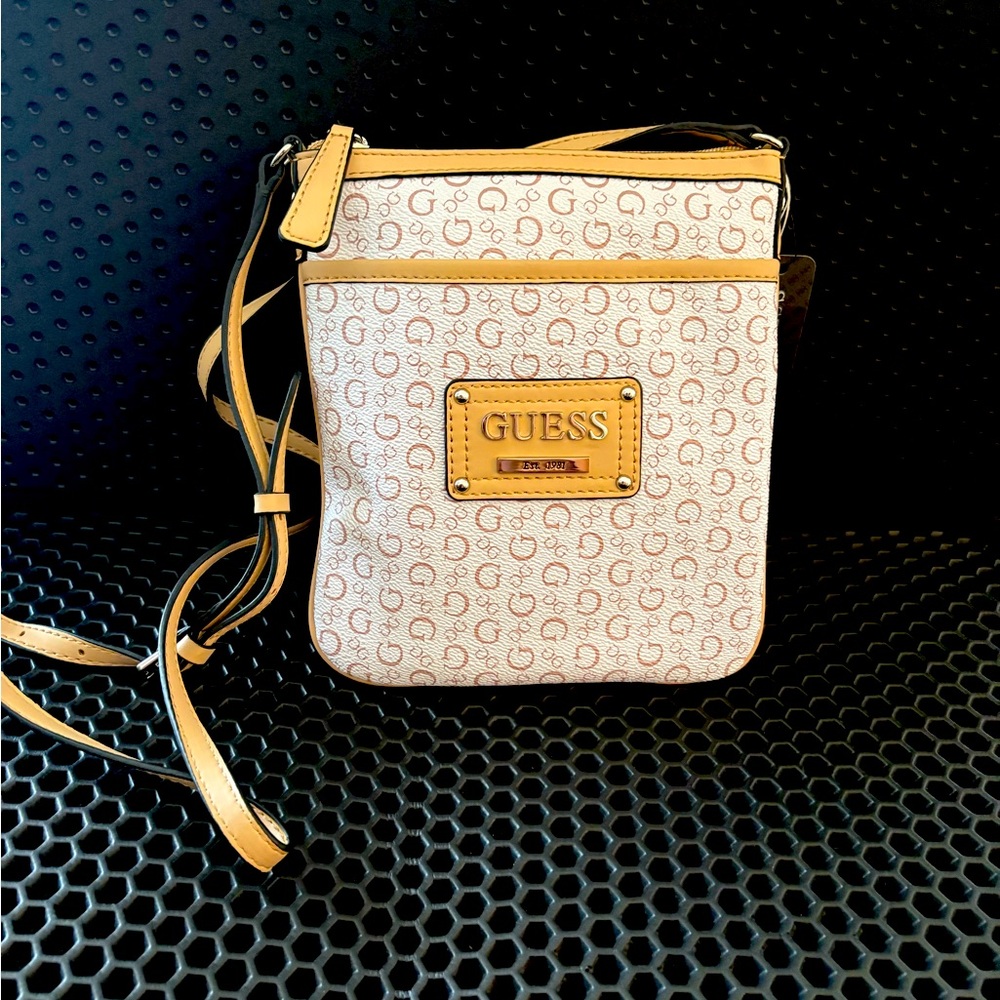 GUESS Beige and Tan Patterned Crossbody Bag
